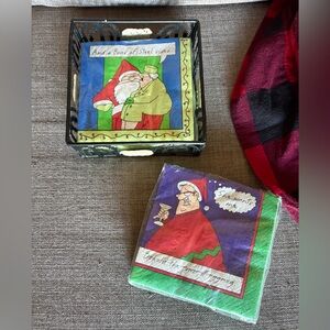 Two NIP humorous holiday cocktail napkins and sheep napkin holder.